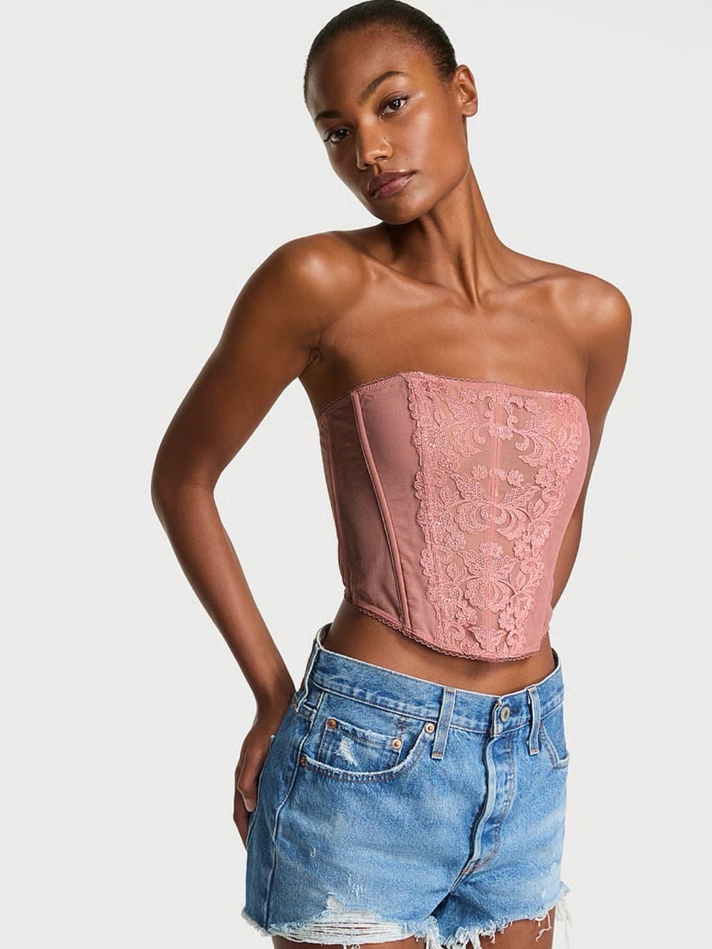 Victoria Secret Dusty Rose Lace Strapless Corset Top